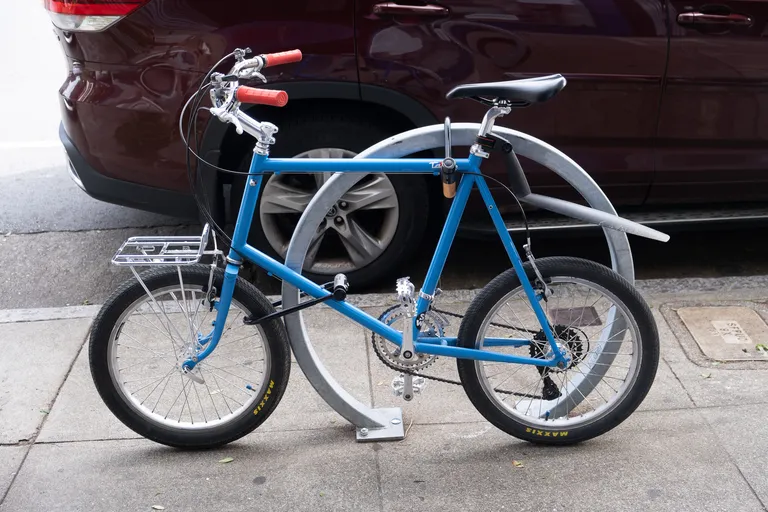 Blue minivelo at a bike rack in Hayes Valley