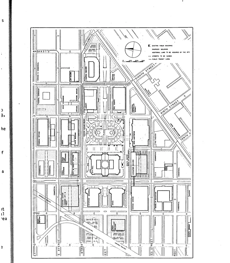 map of civic center, drawn, with measurements