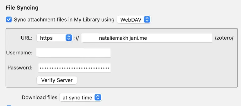 Screenshot of my Zotero WebDAV config