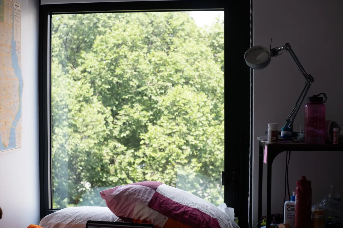 Camera photo from the end of my room, shooting toward the window. It's daytime, you can see my bed, a very messy shelf, and a Hagstrom map on the wall