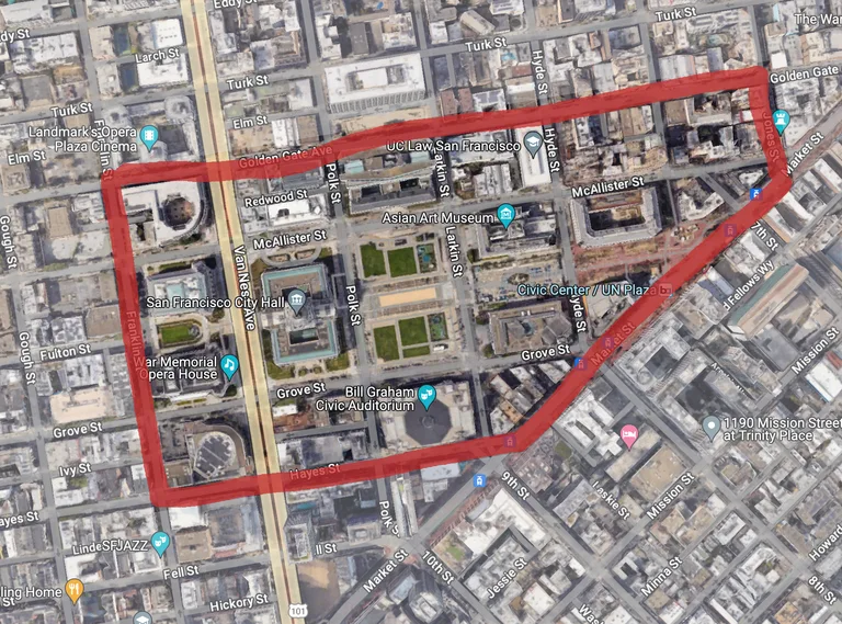 A map with my rough mapping area traced. Bordered by: Hayes, Franklin, Golden Gate, Jones, Market