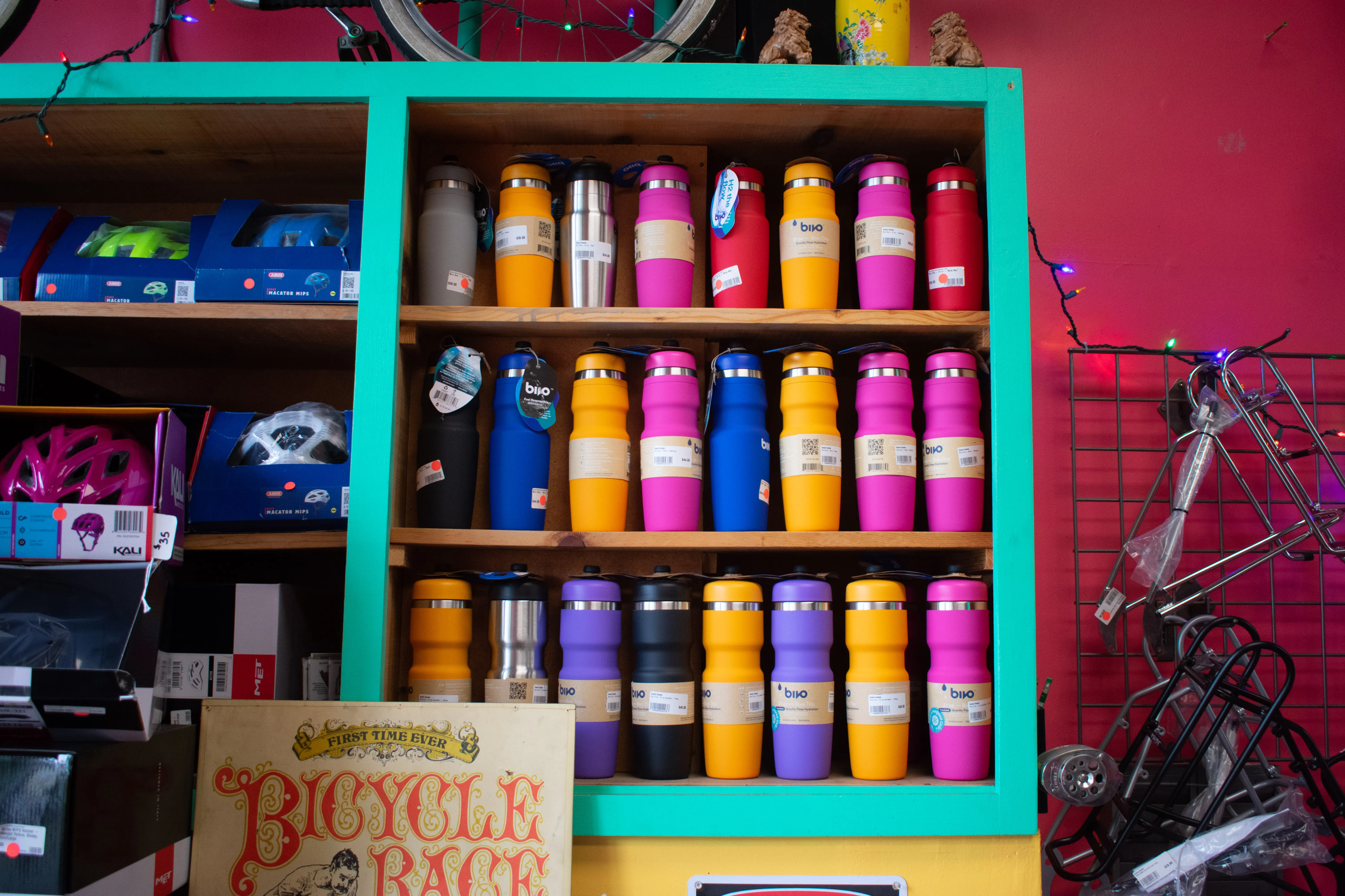Colorful Bivo water bottles on display